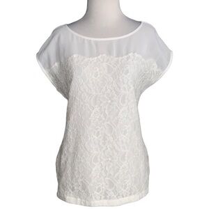 White Lace Willie Smith Overlay Short Cap Sleeve Boat Neck Casual CareerTop M